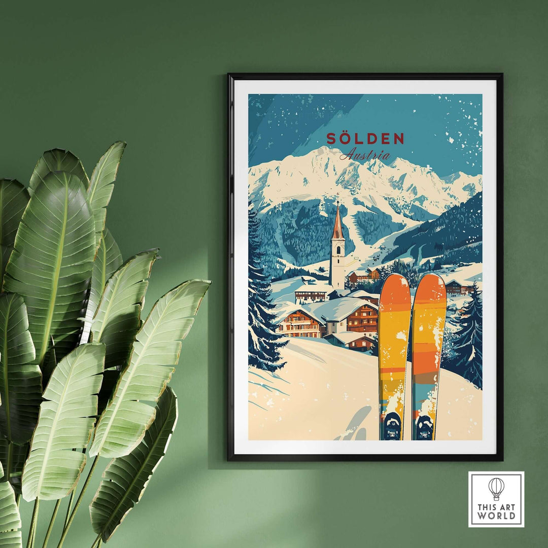 Sölden Ski Print showcasing vibrant slopes and snow-covered mountains in Austria, perfect for ski enthusiasts and travelers.