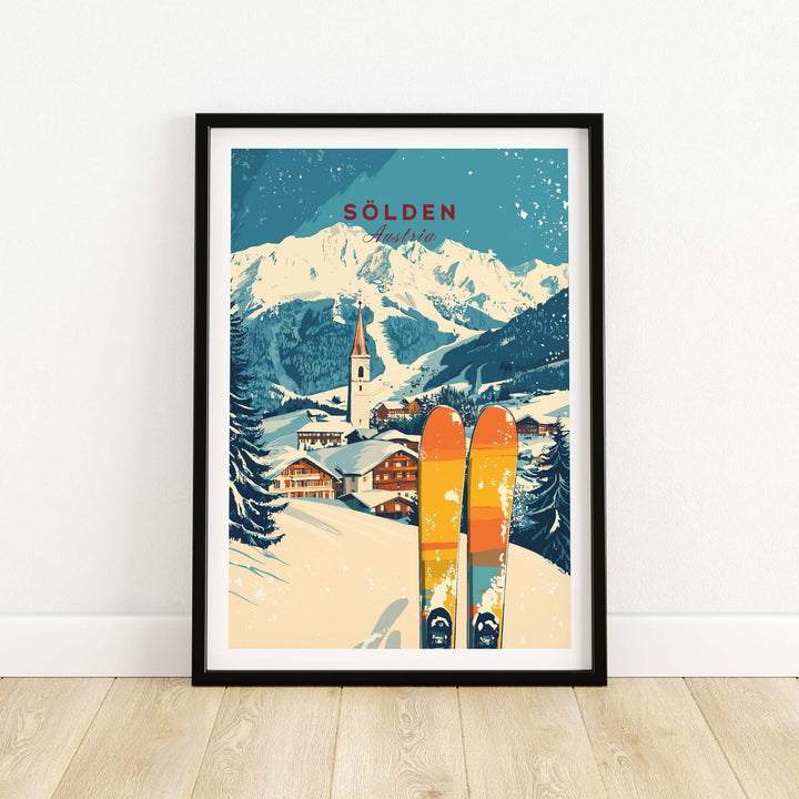 Sölden ski print showcasing stunning mountain views and colorful skis in a picturesque winter landscape.