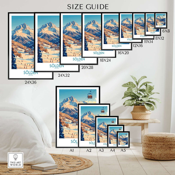 Sölden Ski Wall Art Poster size guide showcasing various frame dimensions in a cozy interior setting with a plant.