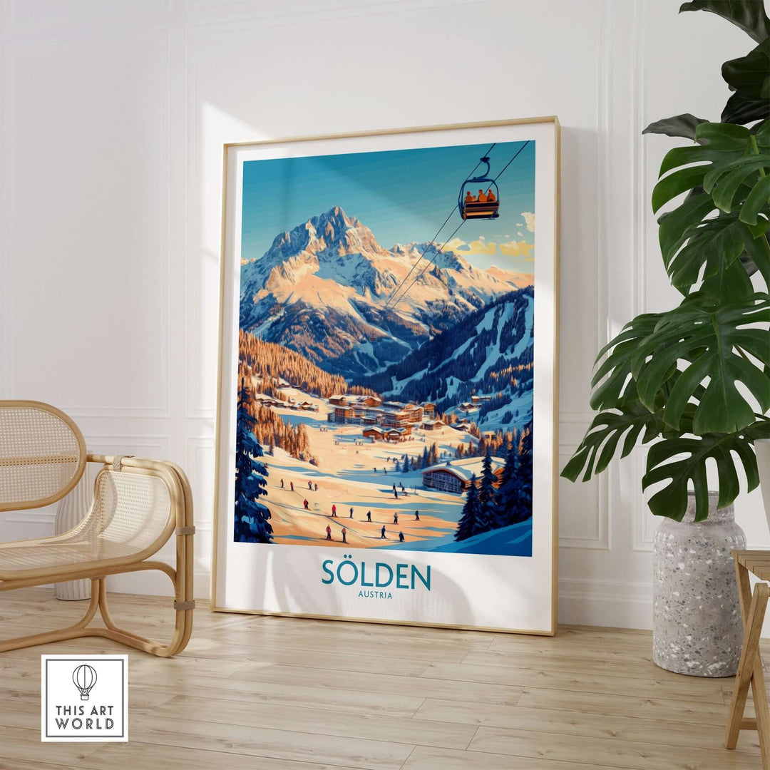 Sölden Ski Wall Art Poster featuring stunning mountain scenery and a ski lift in Austria, perfect for winter décor.