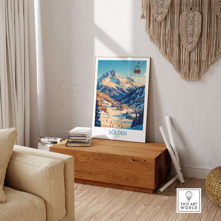 Sölden Ski Wall Art Poster displayed in a cozy room, featuring snowy mountains and a ski lift in Austria.