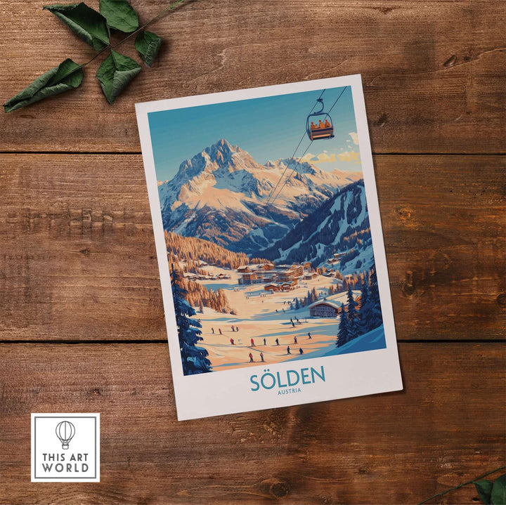 Sölden Ski Wall Art Poster showcasing a scenic view of Austria's mountains and ski slopes, perfect for winter enthusiasts.