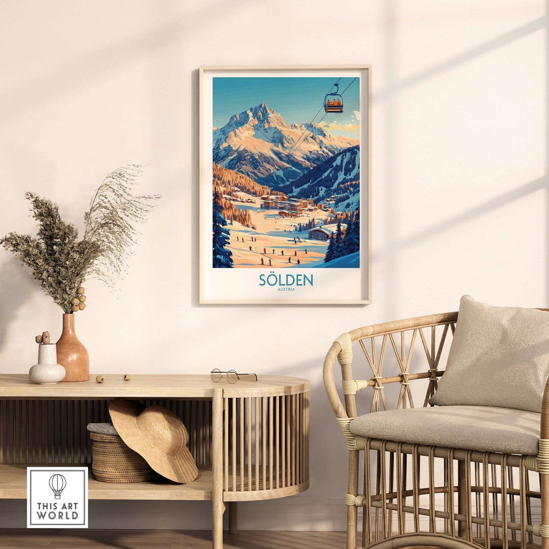 Sölden Ski Wall Art Poster displayed in a modern living room with a cozy chair and plants, showcasing Austrian winter scenery.