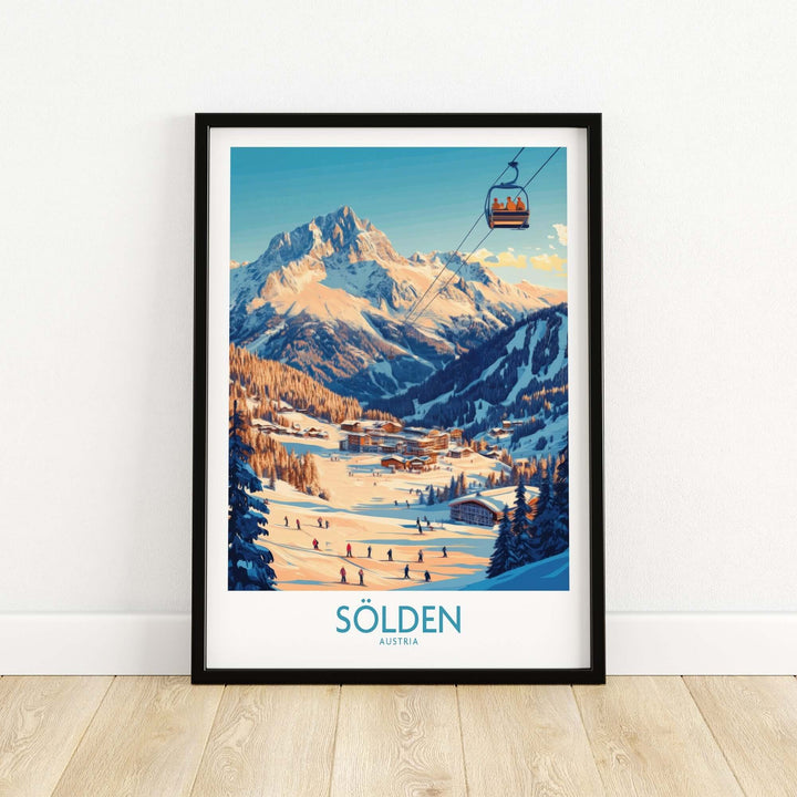 Sölden Ski Wall Art Poster featuring scenic Austrian mountains and a ski lift, perfect for winter adventure decor.