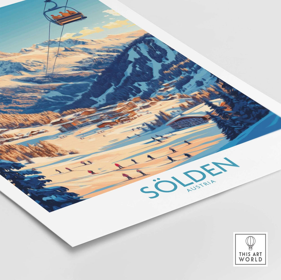 Sölden Ski Wall Art Poster featuring stunning winter landscape in Austria with skiers and a ski lift. Perfect for ski lovers.