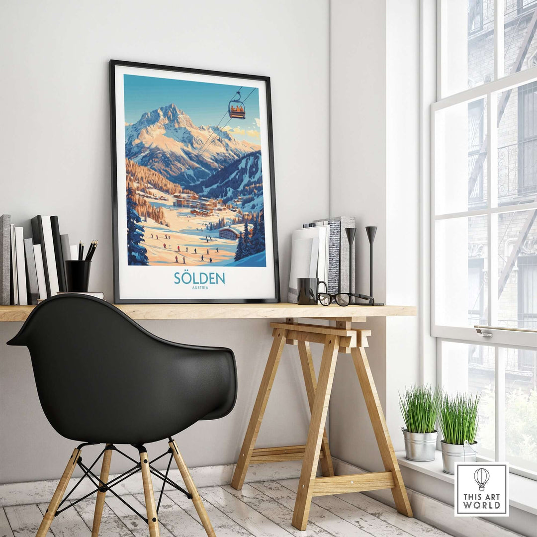 Sölden Ski Wall Art Poster displayed in a modern workspace, showcasing Austria's stunning ski landscape.