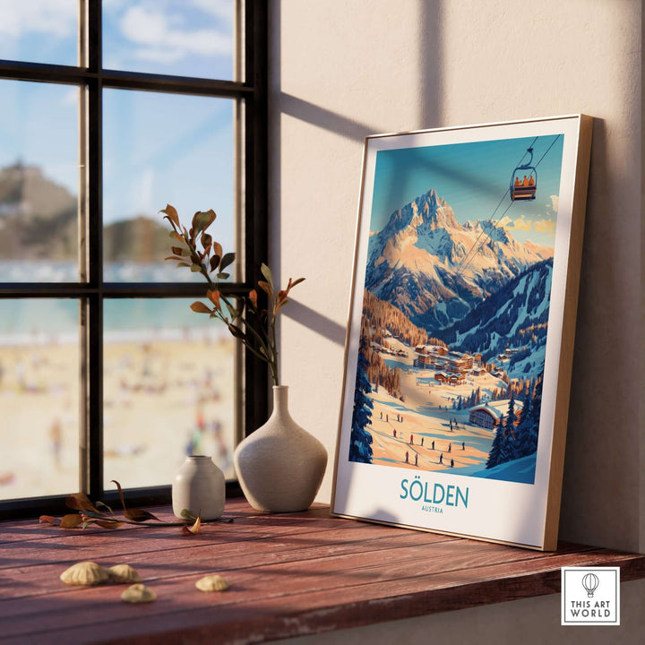 Sölden Ski Wall Art Poster featuring scenic Austrian mountains and a ski lift, perfect for winter adventure decor.