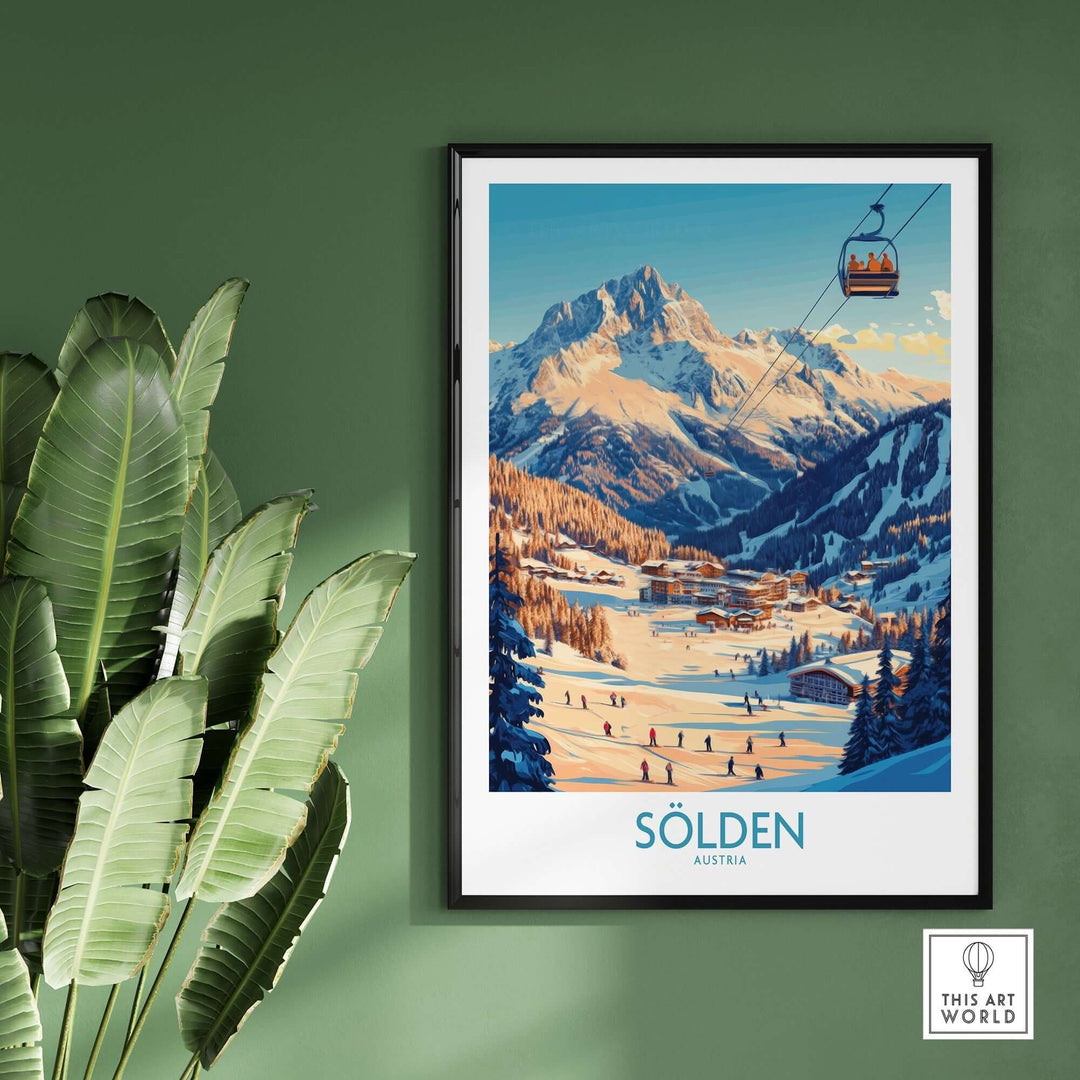 Sölden Ski Wall Art Poster featuring mountain scenery and a ski lift in Austria, perfect for winter decor lovers.