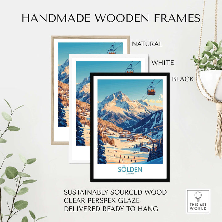 Handmade wooden frames in natural, white, and black, showcasing the Sölden Ski Wall Art Poster with clear perspex glaze.