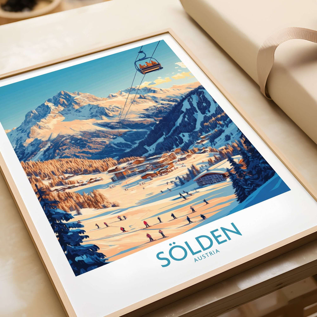 Sölden Ski Wall Art Poster featuring Austria's stunning skiing landscape and a gondola above a snowy village.