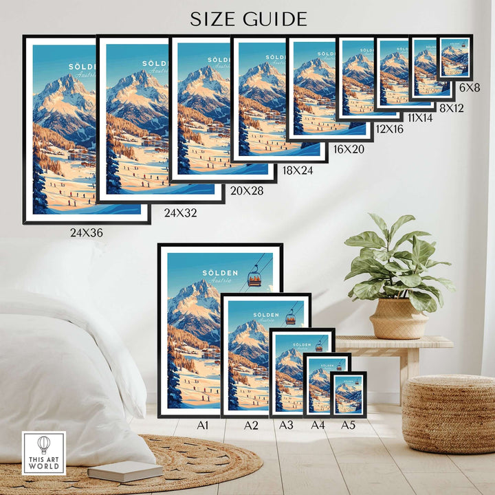 Size guide for Sölden Ski Wall Art Print showcasing various frame sizes and a cozy interior setting.