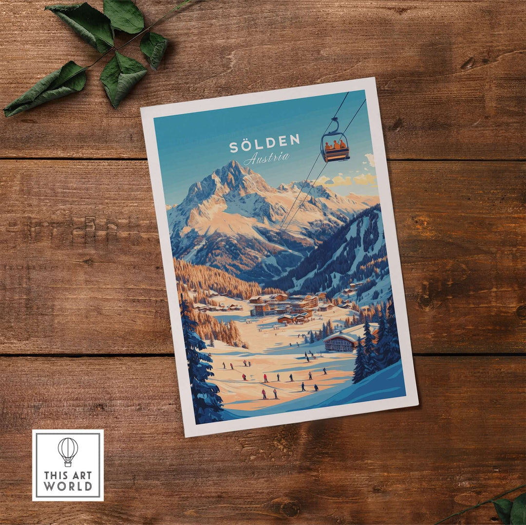 Sölden Ski Wall Art Print featuring snowy mountains and skiers in Austria, perfect for home decor.