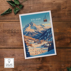 Sölden Ski Wall Art Print featuring snowy mountains and skiers in Austria, perfect for home decor.