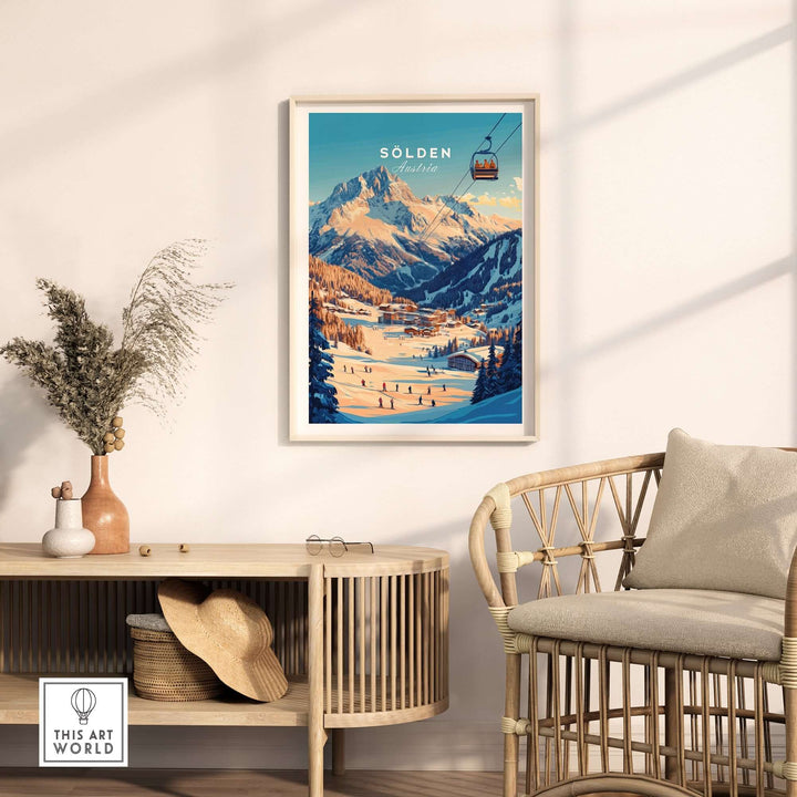 Sölden Ski Wall Art Print in a modern living room, showcasing an iconic Austrian ski destination and mountain landscape.