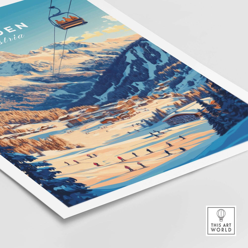 Sölden Ski Wall Art Print featuring a picturesque view of Austrian ski slopes and a chairlift, perfect for home decor.