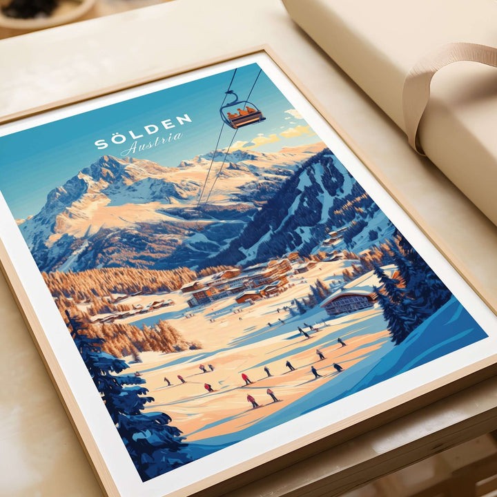 Sölden Ski Wall Art Print showcasing a vibrant Austrian ski resort with snow-covered slopes and a chairlift.