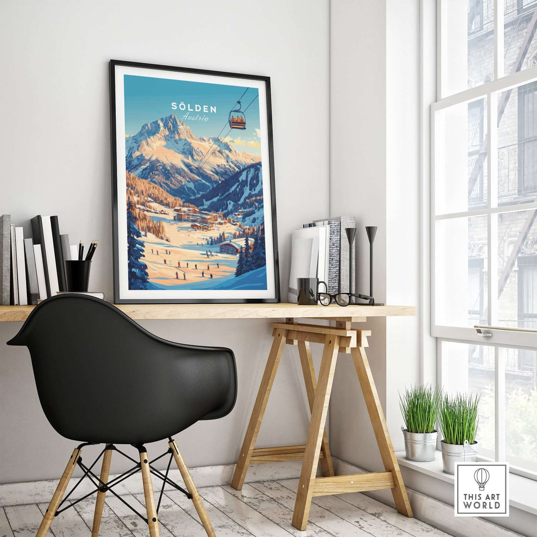 Sölden Ski Wall Art Print in a modern home office setting, showcasing snowy mountains and ski slopes in Austria.