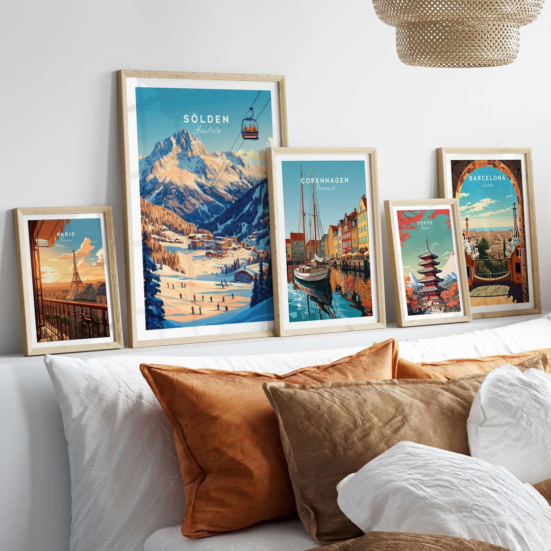 Sölden Ski Wall Art Print displayed among other travel-themed prints in a stylish home interior setting.