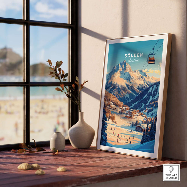 Sölden Ski Wall Art Print displayed by a window, highlighting an iconic Austrian ski scene for stylish home decor.