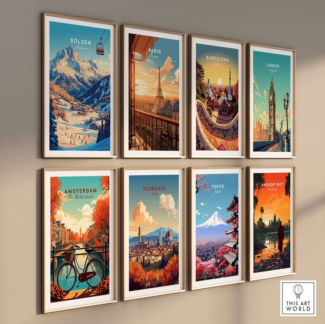 Sölden Ski Wall Art Print and other iconic city prints displayed in stylish frames for home decor enhancement.