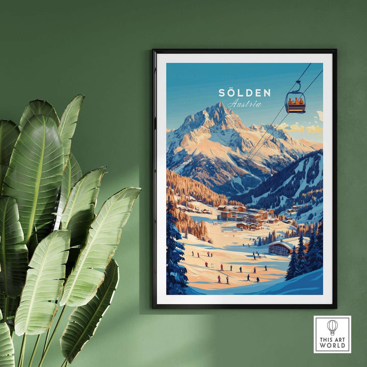 Stunning Sölden Ski Wall Art Print showcasing a vibrant Austrian ski resort scene with mountains and skiers.