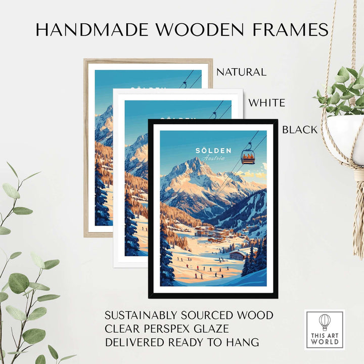 Handmade wooden frames for Sölden Ski Wall Art in natural, white, and black finishes, showcasing sustainable design.