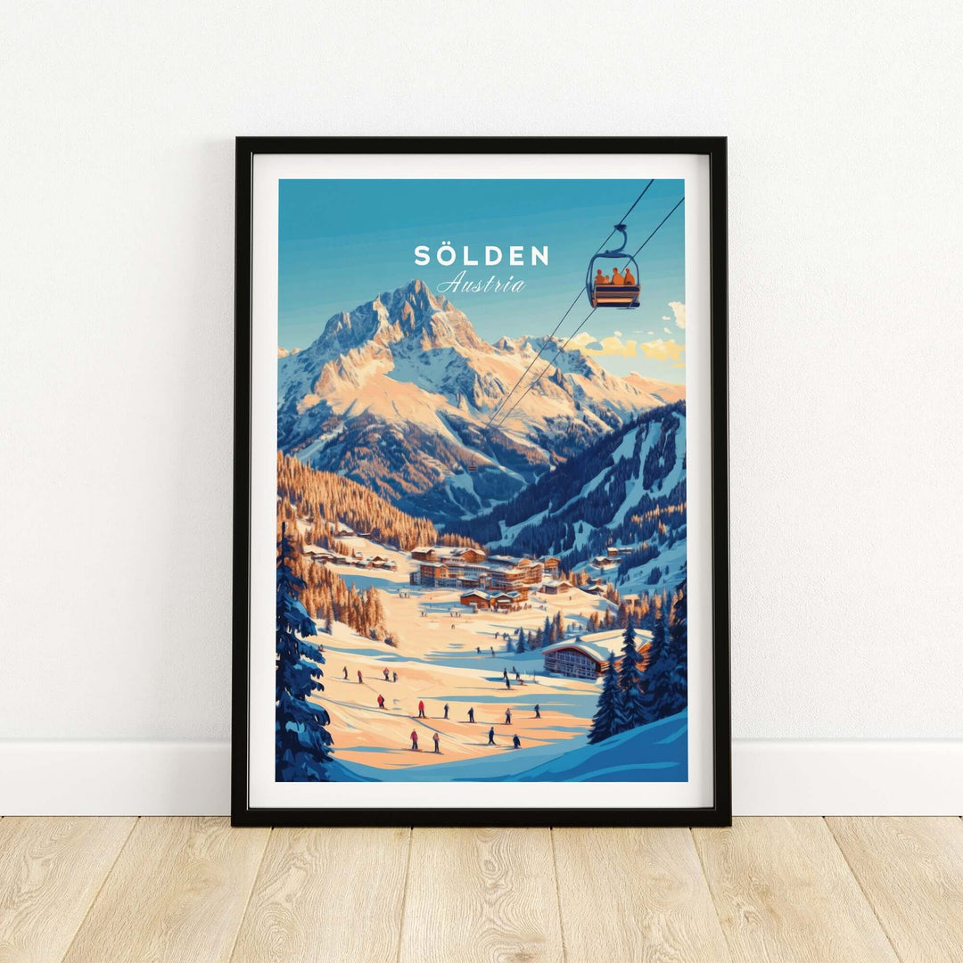 Sölden Ski Wall Art Print showcasing scenic Austria with ski slopes and gondola in a framed design. Perfect home decor piece.