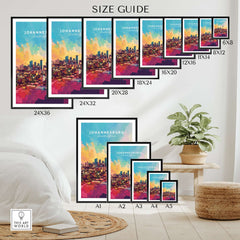South Africa Art Print - Johannesburg Skyline, Joburg Cityscape Poster size guide with various print frame sizes.