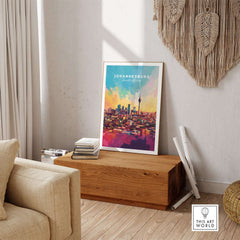 South Africa Art Print - Johannesburg Skyline, Joburg Cityscape Poster displayed in cozy interior setting.
