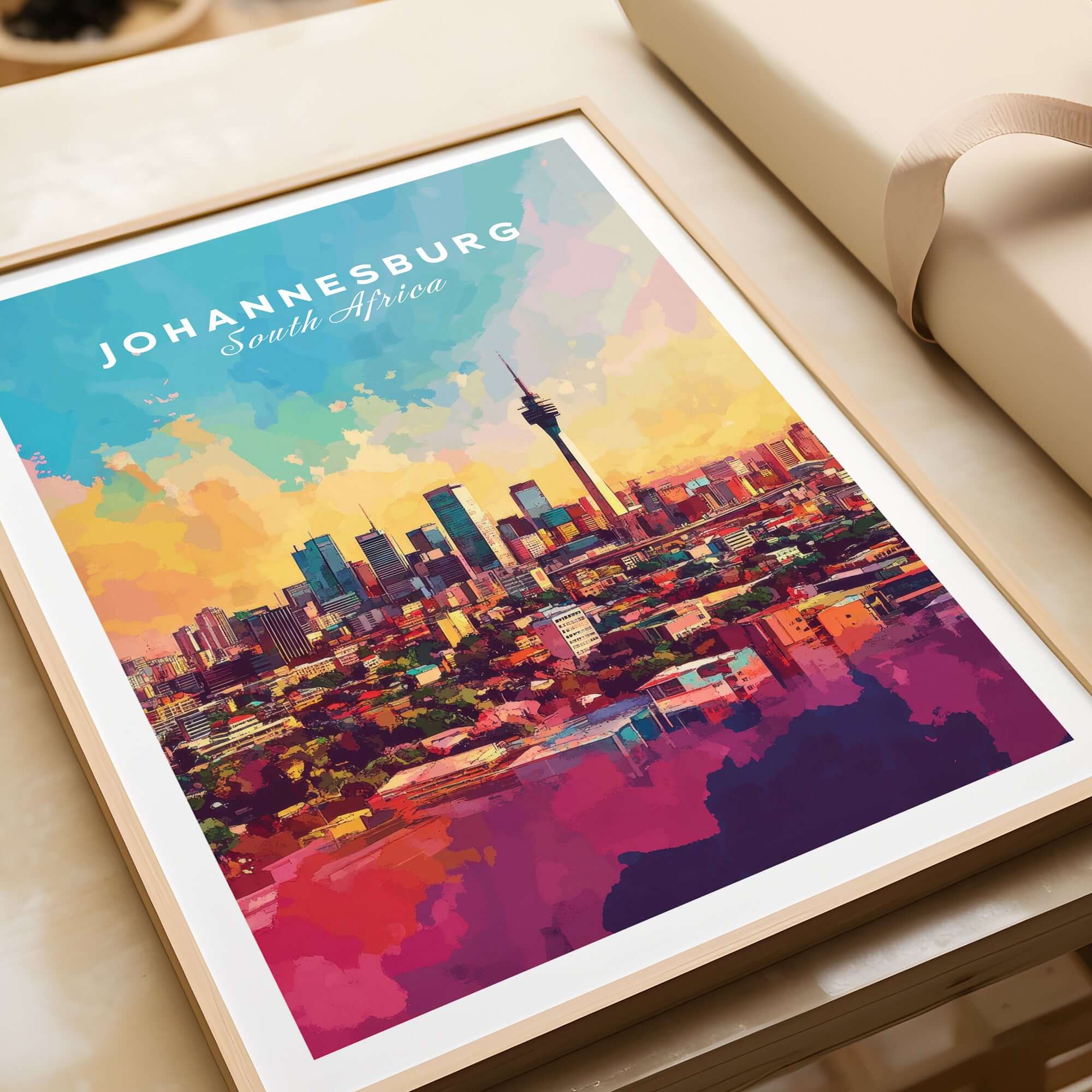 South Africa Art Print - Johannesburg Skyline, Joburg Cityscape Poster displayed in a modern frame.