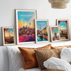 South Africa Art Print - Johannesburg Skyline, Joburg Cityscape Poster displayed in a stylish home interior with other city art prints.