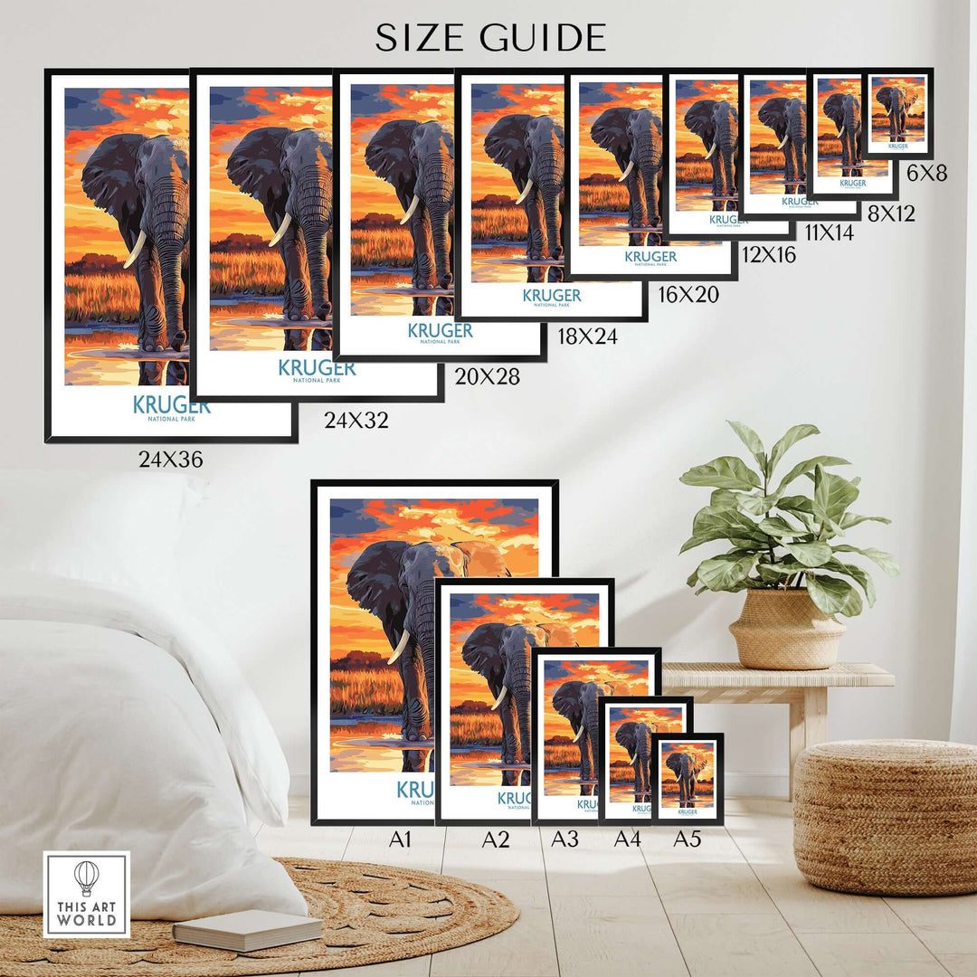 Size guide for South Africa elephant poster featuring Kruger Park sunset artwork in various frame sizes.