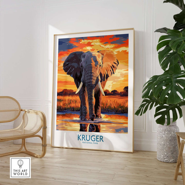 South Africa elephant poster of Kruger National Park at sunset, vibrant landscape art for home decor.