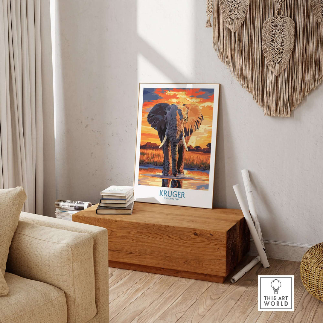 South Africa elephant poster featuring Kruger Park sunset over African landscape, vibrant art print in a cozy setting.