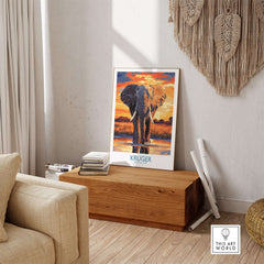 South Africa Elephant Poster - Kruger Park Sunset, African Landscape Art displayed in a stylish interior setting.