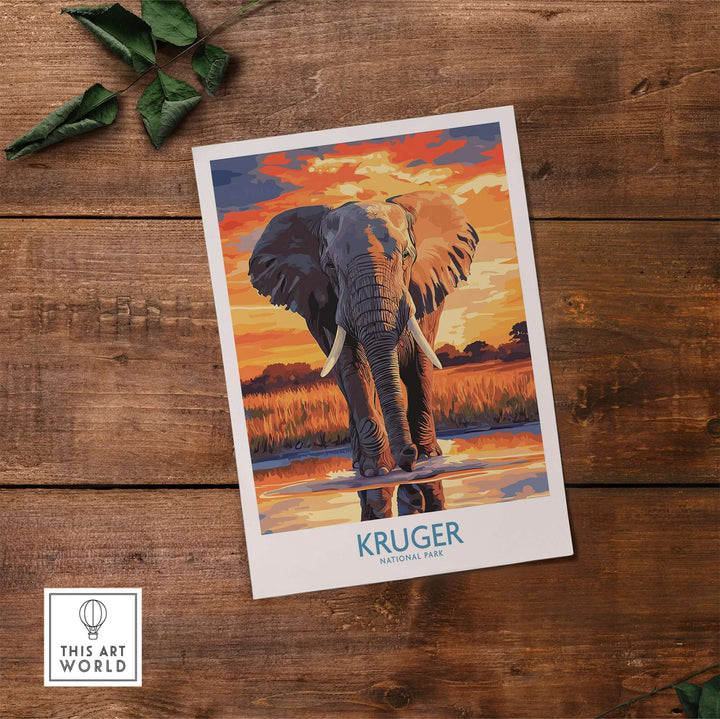 South Africa elephant poster featuring Kruger Park sunset art print on premium matte paper.