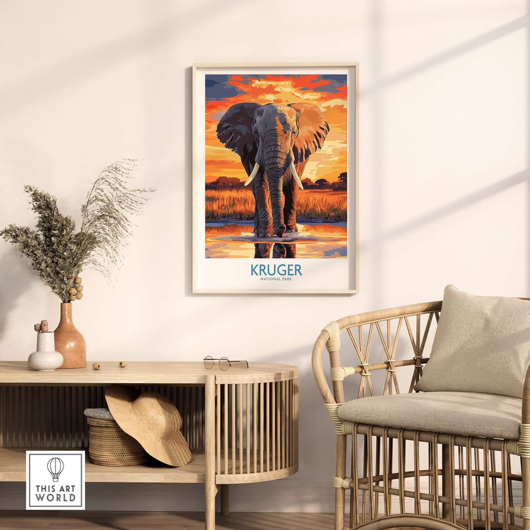 South Africa elephant poster showcasing Kruger Park sunset artwork in a stylish interior setting.