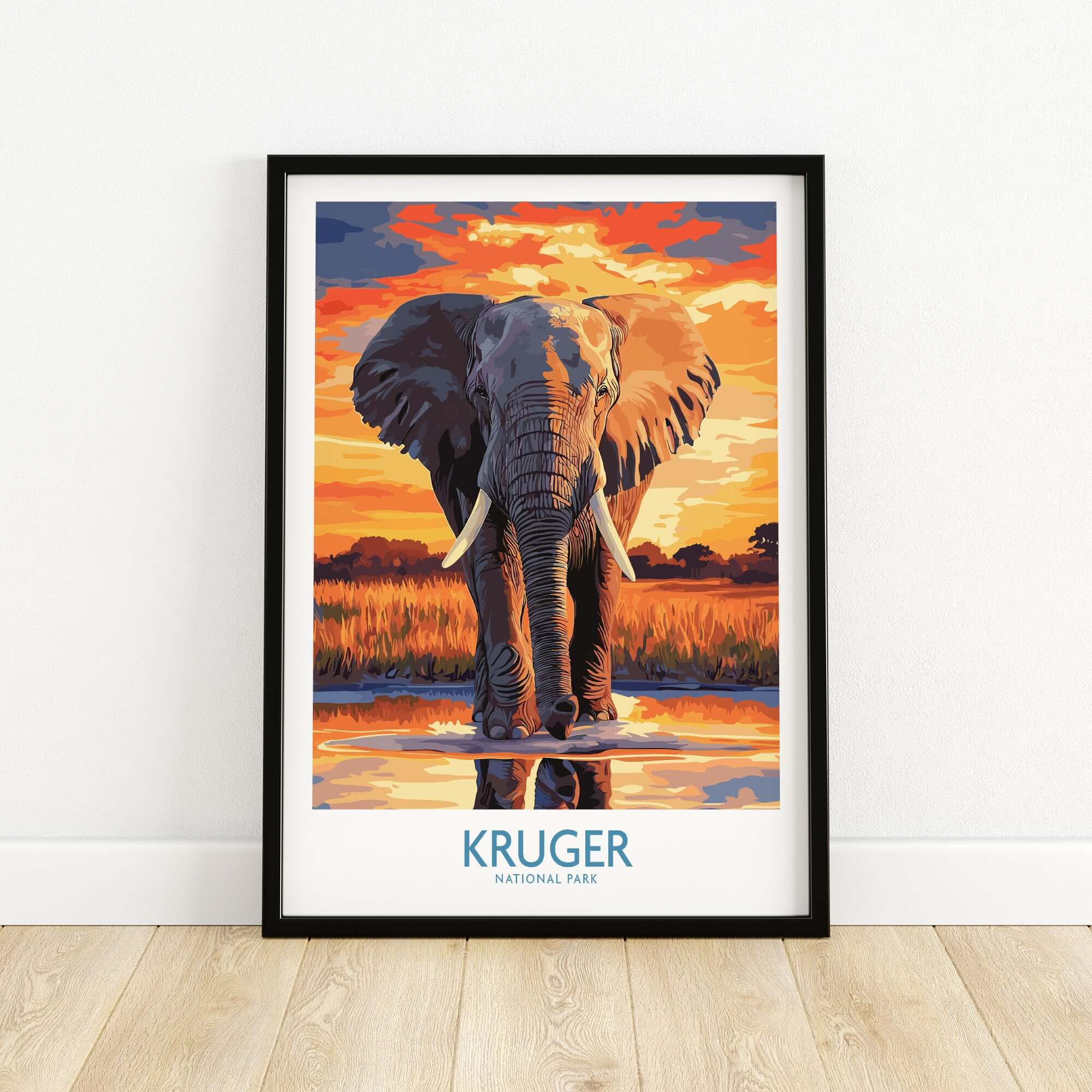 South Africa Elephant Poster - Kruger Park Sunset, African Landscape Art featuring a majestic elephant against a sunset backdrop.