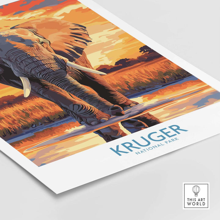 Elephant poster featuring Kruger National Park sunset landscape art print with vibrant colors.