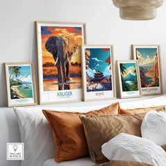 South Africa Elephant Poster - Kruger Park Sunset, African Landscape Art displayed in a cozy living room setting.