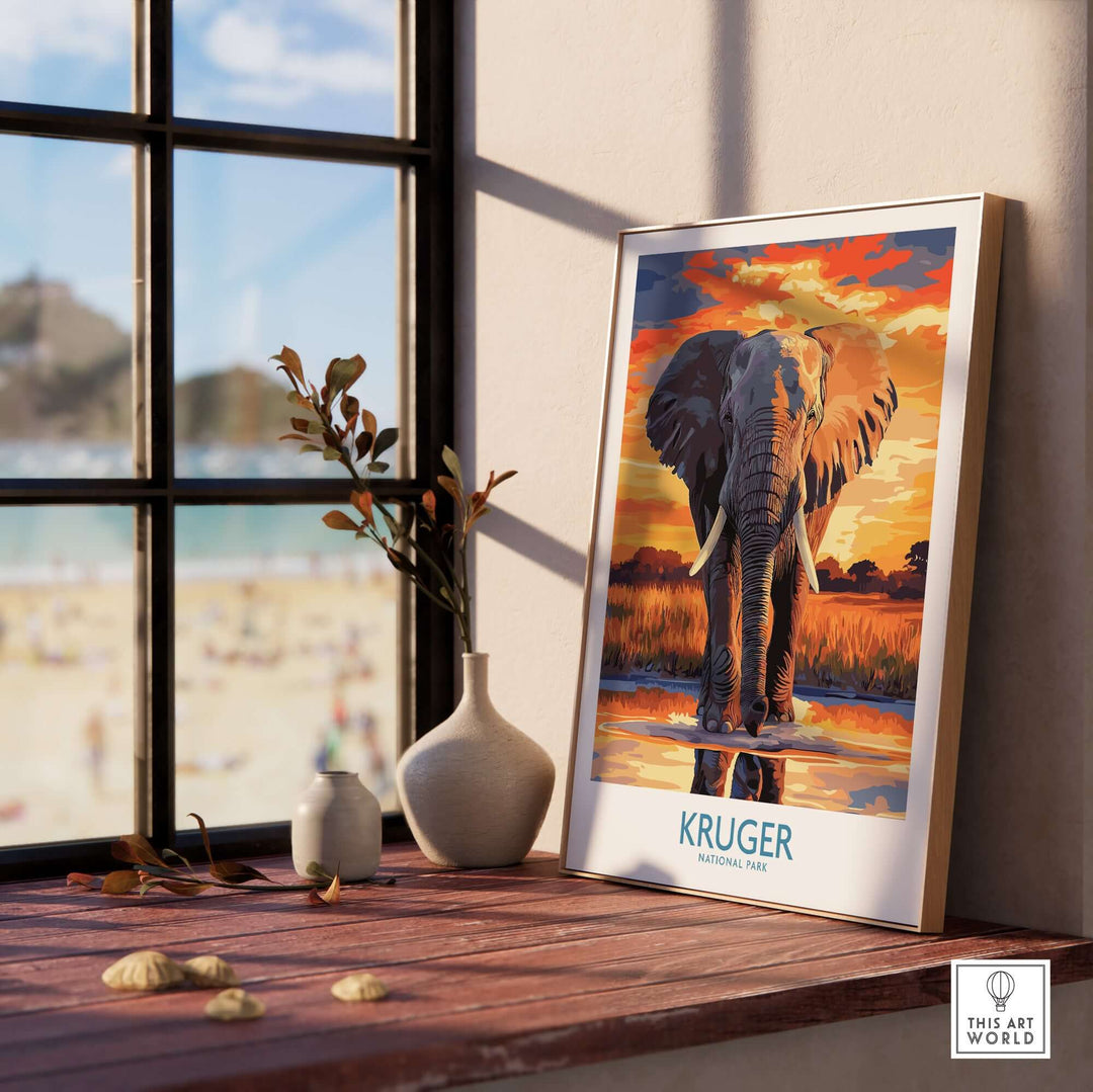 South Africa elephant poster featuring Kruger National Park sunset landscape art in a cozy interior setting.