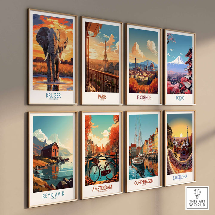 Gallery of vibrant city and landscape posters including Kruger, Paris, Florence, and Tokyo.