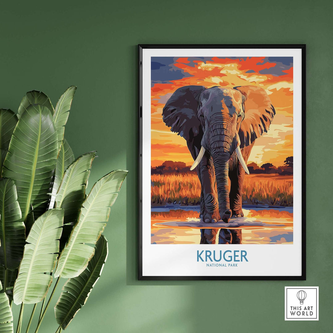 South Africa elephant poster featuring Kruger Park sunset, vibrant landscape art print on wall.