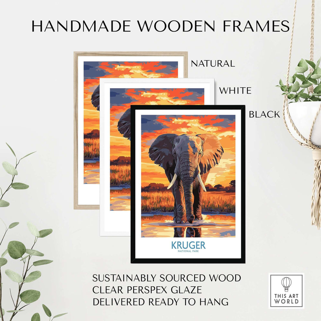 Handmade wooden frames for elephant art print, featuring natural, white, and black options, ready to hang.