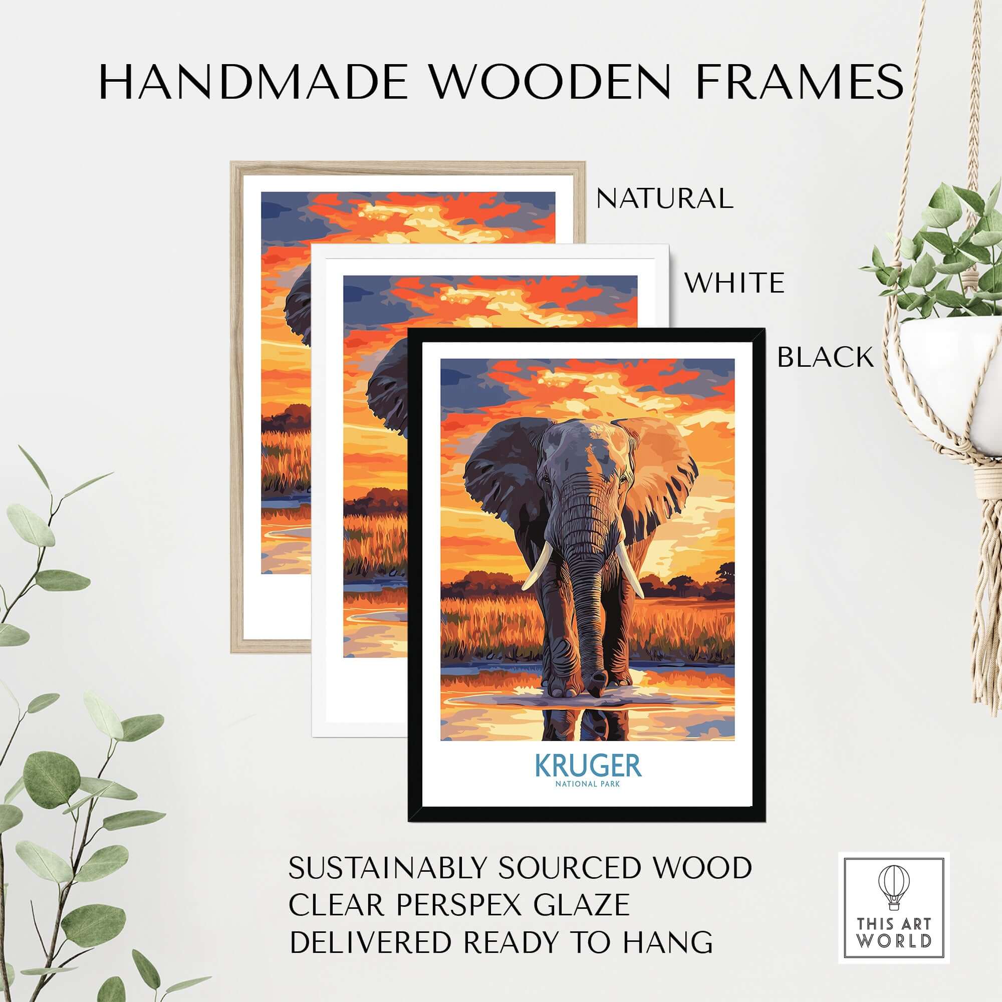 South Africa Elephant Poster - Kruger Park Sunset, African Landscape Art with handmade wooden frames