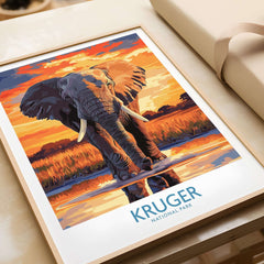 South Africa Elephant Poster - Kruger Park Sunset, African Landscape Art showcasing an elephant during a vibrant sunset.