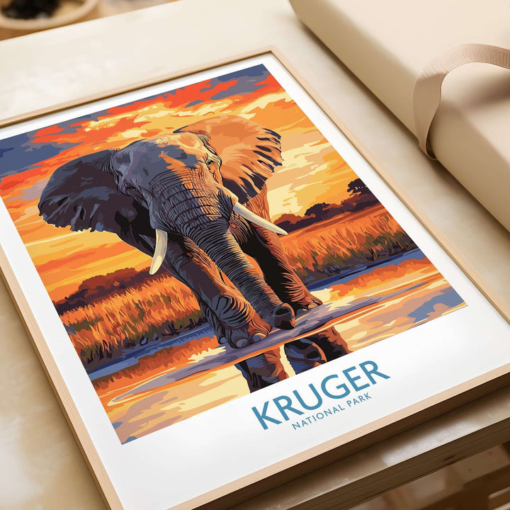 South Africa elephant poster showcasing vibrant sunset over Kruger National Park landscape art.