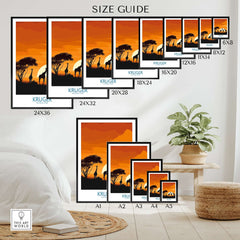 South Africa Giraffe Poster - Kruger Park Sunset, African Safari Art size guide showcasing various frame sizes.