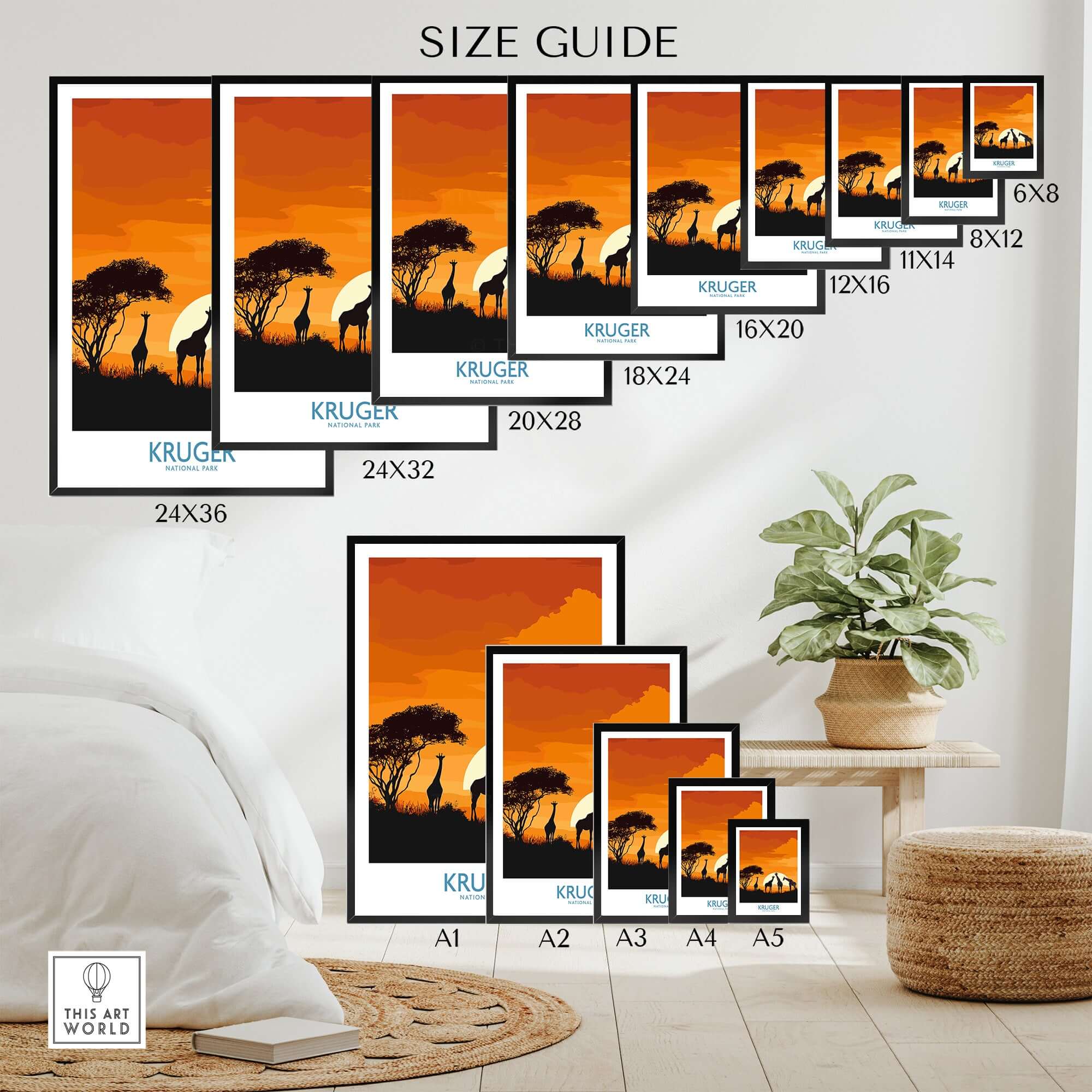 South Africa Giraffe Poster - Kruger Park Sunset, African Safari Art size guide showcasing various frame sizes.