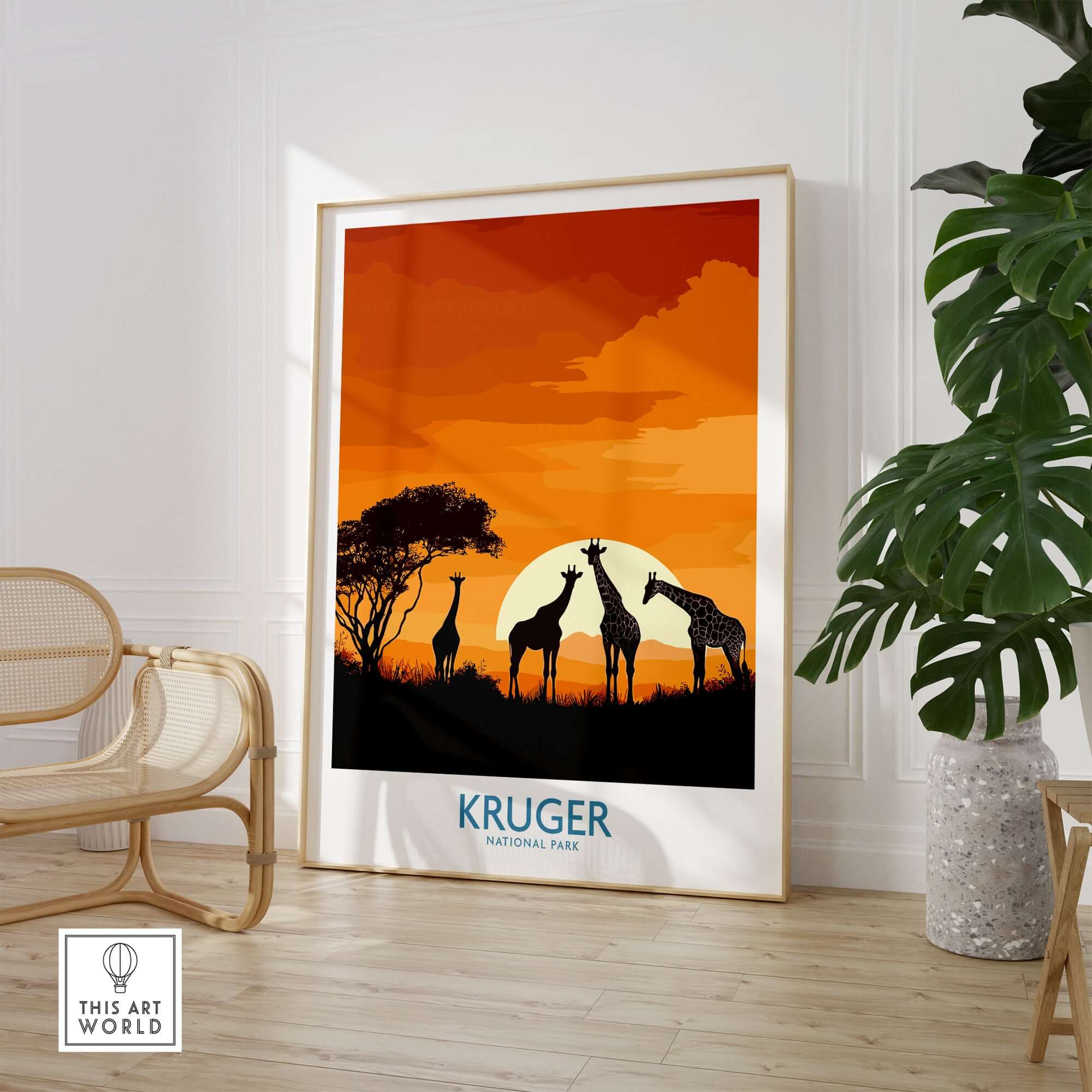 South Africa Giraffe Poster - Kruger Park Sunset, African Safari Art displayed in a modern living room setting.